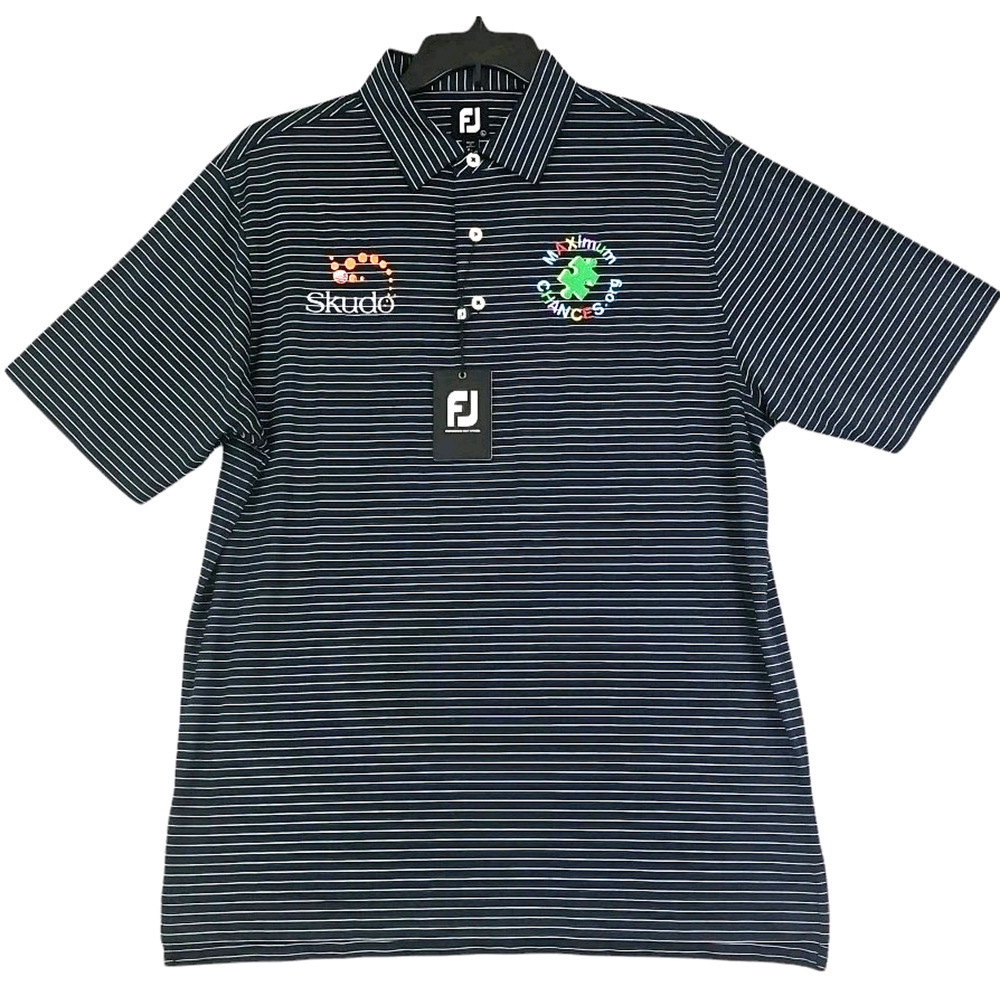 FootJoy ~Men's Size L~ Black/White Striped Golf Polo Shirt Logo, Polyester NWT